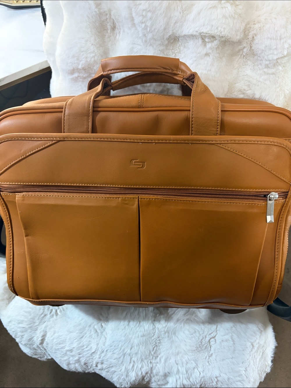solo Tan Leather Laptop Briefcase with Front Zip Pockets